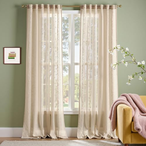 Image of jinchan Winslow Sheer Curtains 96 Inch for Bedroom Living Room Embroidered Bordered Floral Nursery Curtains for Boy's Room Light Filtering Window Treatments, Ivory on Beige, 2 Panels, 50 inch x 96 inch