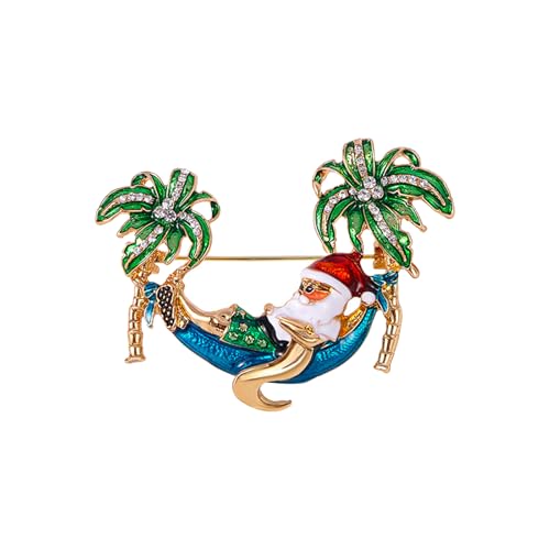 Image of Santa Claus On Vacation Brooch, Christmas Brooches for Women Rhinestone Palm Tree Santa Claus Pin Cute Funny Tropical Themed Santa Brooch Christmas Jewelry Gift for Women Girls