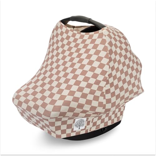 Image of Parker Baby 4 in 1 Car Seat Cover for Girls and Boys - Stretchy Carseat Canopy, Nursing Cover, Grocery Cart Cover, High Chair Cover - "Rosewood Checker"