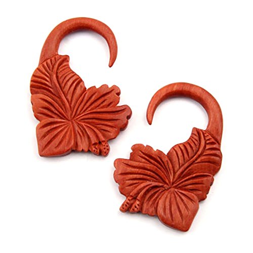 JewelryVolt Pair Organic Tribal Floral Leaf Carved Sawo Wood Ear Hanging Hook Plugs Gauges