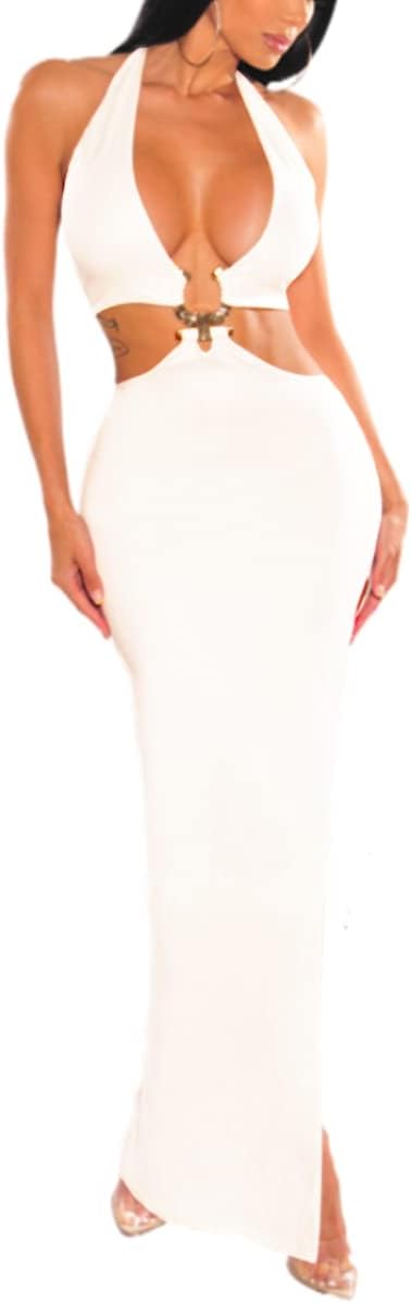 LuFeng Women's Sexy Sleeveless Halter V Neck Side Waist Cutout Backless Bodycon High Slit Maxi Long Dress - Image 2