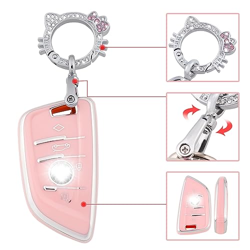 Image of Pangpai Pink Key Fob Cover for BMW, Soft TPU Key Case Protection with Bling Keychain Fit for BMW X1 X2 X3 X5 X6 X7 and Series 1 2 3 4 5 6 7 8