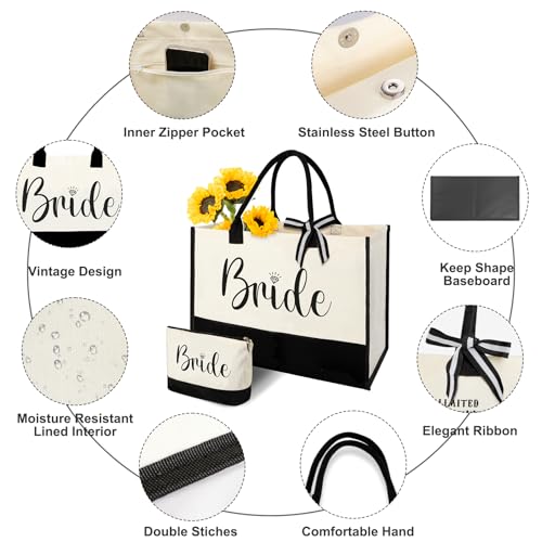 Image of Gifts for Women, Bridal Shower Gift Bag for Her,Wedding Bride Birthday Bags | Canvas Tote Bag with Makeup Bag, Large Capacity, Easy to Clean and Reusable, Waterproof, Gift for Christmas ,Bride To Be Gift