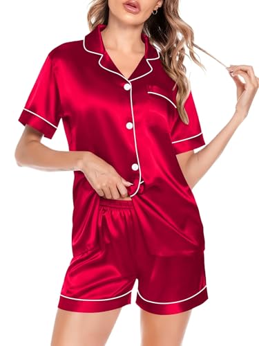 Image of SWOMOG Satin Matching Pajamas Sets Couple Silk Button Down Nightwear Women & Men Short Sleeve Sleepwear 2 Pieces Loungewear