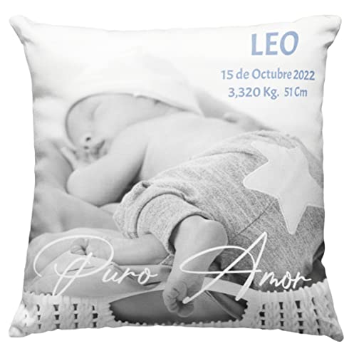Worfull Regalos Cojín Nacimiento Personalizado Puro Amor Frente y Dorso con Foto del bebé y Datos. NIÑAS NIÑOS, Regalo Original – Cojín Natalicio para recién Nacidos – Bautizo   Regalo Original.