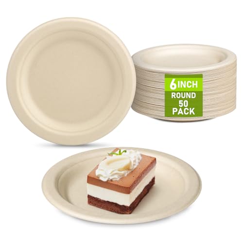 Uniecocus Small Eco Friendly Disposable Paper Plates, 50 Pack 6 inch Biodegradable Compostable Recycled Paper Dessert Plates