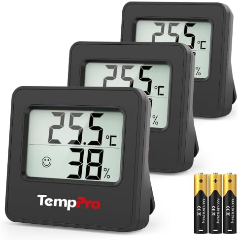 TempPro Thermo-Hygrometer Innen Digital Kompakt Hygrometer Raumthermometer | Luftfeuchtigkeitsmesser mit Komfortanzeige, großes LCD, °C/°F, Magnet, Standfuß & Aufhängeöffnung, 3 St
