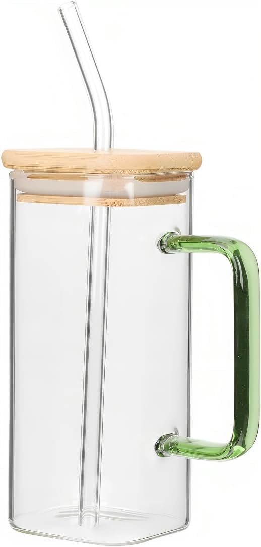 Glass Cups with Lids and Straws, 400 ml Drinking Glasses Bamboo Lids and Straws, Mug with Colored Handle for Soda, Iced Coffee, Milk, Bubble Tea, Water, Juice