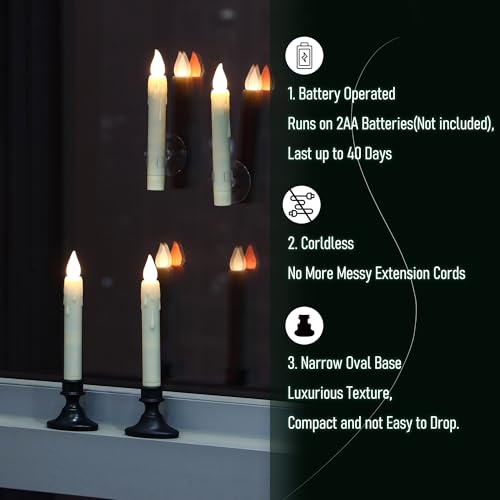 Image of yunsheng 8.6 inch LED Window Candles Dusk to Dawn Light Sensor, 6PCS, Ivory | Sensor, Suction Cups and Removable Black Base, Drip Texture Battery Operated Flameless Taper Candles, Christmas Home Decor