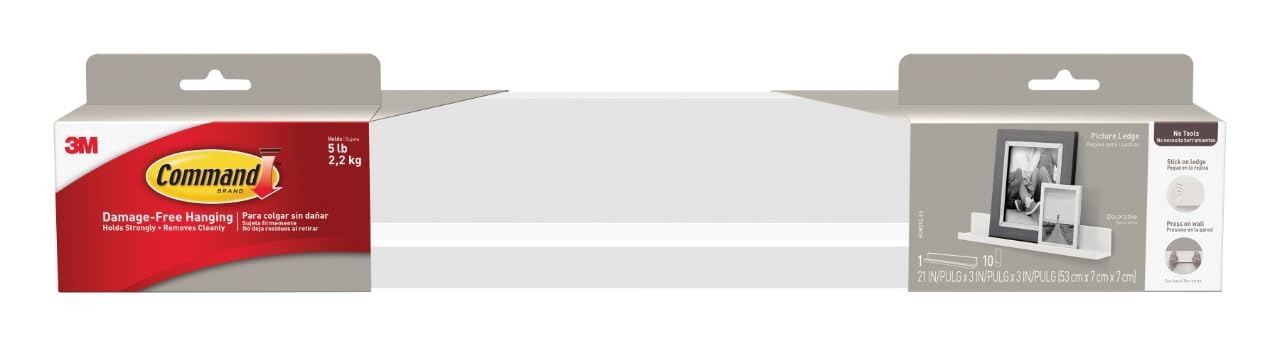 Command Picture Ledge, Damage Free Hanging Floating Shelf with Adhesive Strips, No Tools Picture Hanger for Displaying Home Photographs, 1 Ledge and 10 Command Strips,Quartz, 21-Inches - Quartz