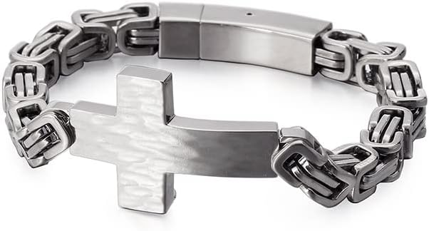 Men's Stainless Steel Cross Bracelet Punk Style Link Chain Silver Bracelet for Men, Fashion Religious Jewelry with Push Clasp Cool Bangle Gift for Boyfriend Husband