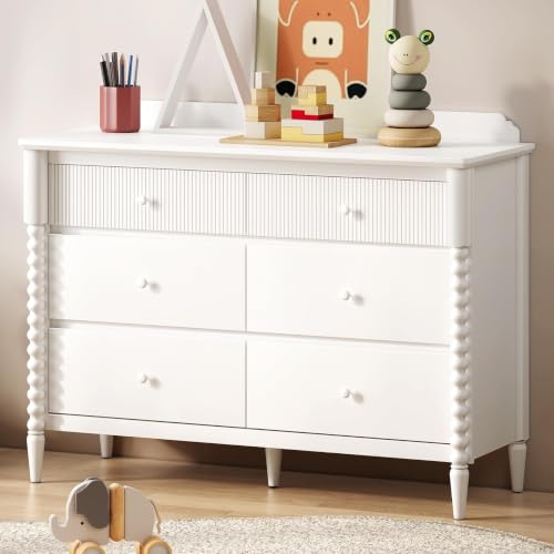 Image of JOINICE White Nursery Dresser for Kids Bedroom, 6 Drawers for Storage | Jenny Lind Spindle Legs Dresser, Baby Clothes Organizer for Toddlers, Children's Room, Anti-tip Kit for Safety