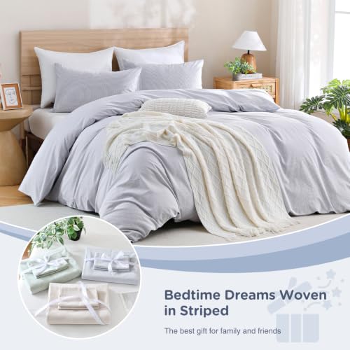 Image of TOCOMOA Blue Striped Duvet Cover Bedding Set 100% Washed Cotton Like Linen Feel Super Soft Comfy 3 Piece Pinstriped Comforter Cover Set (Queen 90 inchx90 inch, Comforter Not Included)