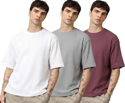 Image of RodZen Oversized Baggy Fit Half Sleeves Round Neck Solid Cotton Blend Combo T-Shirt for Men (Pack of 3)