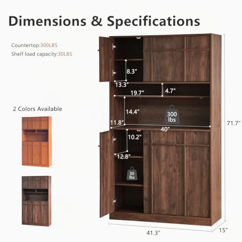 Image of 72 inch Pantry Cabinet, Tall Kitchen Pantry Storage Cabinet with Countertop, Adjustable Shelves, Mid Century Modern Wooden Kitchen Hutch with Skeleton Lines for Living Room, Dining Room, Walnut