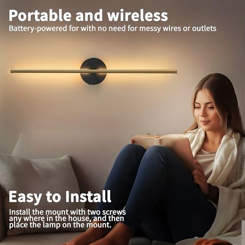 Image of Battery Operated Wall Sconces with Remote Control, Dimmable Wall Sconces Set of Two, 350Rotate, 3000K LED Matte Black and Brass Gold Wireless Wall Light for Living Room, Bedroom, Hallway, 28.3 Inch
