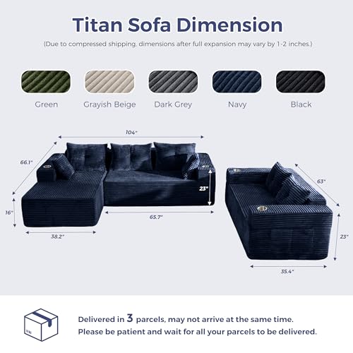 Image of MAXYOYO Modular Sectional Couch with L-Shape Chaise and Loveseat, Modern Boneless Couch for Living Room, Oversized Sofa with Deep Seat, No Assembly Required, Navy