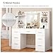 FIONESO Vanity Desk with LED Light Mirror & Power Outlet, 3 Adjustable Light Color, Makeup Vanity with 7 Drawers, 4 Shelves, 5 Jewel Hooks, White Vanity for Bedroom, Girls Vanity