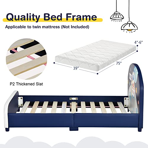 HONEY JOY Twin Bed Frames for Kids, Toddler Wooden Twin Bed Platform with Headboard & Slat Base, No Box Spring Needed, Children Bedroom Furniture for Boys Girls, Fits Standard Twin Mattress, Astronaut