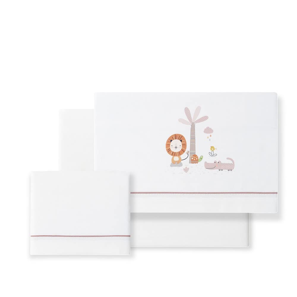 Set 3 pezzi - Lenzuolo lettini con portaciuccio in mussola Leone palma bianco chiaro