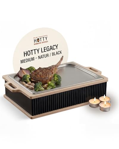 INEXTERIOR Hotty Legacy Warmhalteplatte zum Grillen BBQ Warmhaltebehälter für Speisen Grillgut Stövchen Speisenwärmer mit Teelicht BBQ-Board für Grillpartys (All Black M)