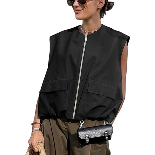 Women Cargo Vest Oversize Cropped Sleeveless Jacket Lightweight Ruffle Ruched Fashion Tops Summer Casual Zip Up Outfit2