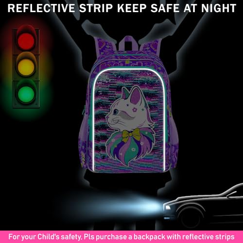 Image of CCJPX 16 inch Cat Backpack for Girls, 3Pcs Kids Sequin Bookbag with Lunch Box, Water Resistant Elementary School Bag for Kindergarten Preschool Toddler (Purple)