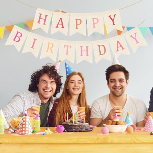 Image of Doumeny Happy Birthday Burlap Banner Boho Birthday Garland Bunting Ombre Pink Bohemian Party Garland Banner Multicolor Happy Birthday Sign Flag Birthdays Hanging Bunting for Home Wall Mantel Fireplace