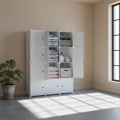 Image of KRISHYAM Kids Modular Storage Cabinet with White Doors,12 Cube Plastic Wardrobe Organizer, DIY Closet System with Hanging Rod, Toy & Clothes Storage (White, 12 Box)