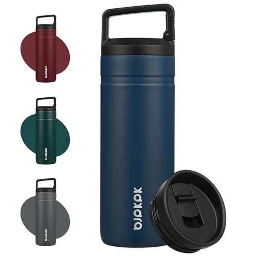 Image of BJPKPK 20 oz Insulated Travel Water Bottle, Coffee Tumbler Stainless Steel | Double Wall Vacuum, Leakproof, Thermal, Keeps Hot /Cold, Dishwasher Safe, Spill Proof, Wide Mouth, 2 Lids, Navy Blue