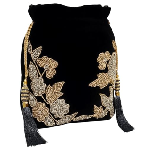 Image of Velvet Potli Bag with Golden & Silver Beaded Flower Embroidery - Handcrafted Ethnic Drawstring Bag for Weddings, Parties & Festive Gifts - Beaded Handle & Tassels for Women