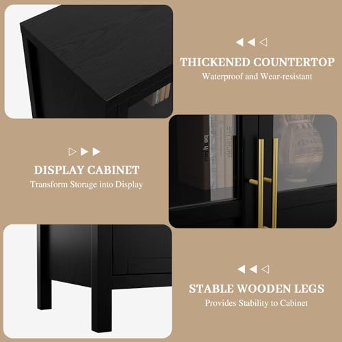 GarveeHome Sideboard Buffet Cabinet with 4 Glass Doors, 55" Buffet Table Coffee Bar Wine Bar Display Cabinet for Kitchen Dining Room, Living Room (Dark, Glass with 4 Doors)
