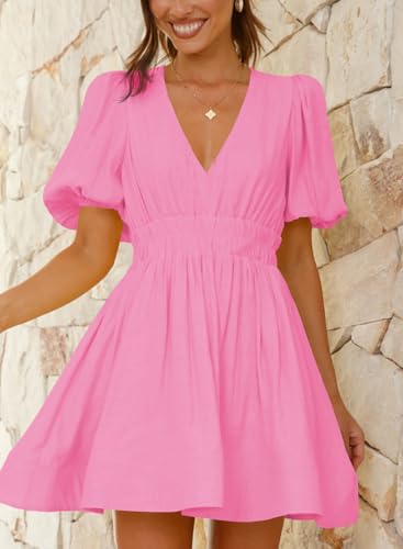 Image of Outfeel Women 2025 Summer Mini Dress Puff Short Sleeve Sexy V Neck A Line Elastic High Waist Flowy Swing Dresses