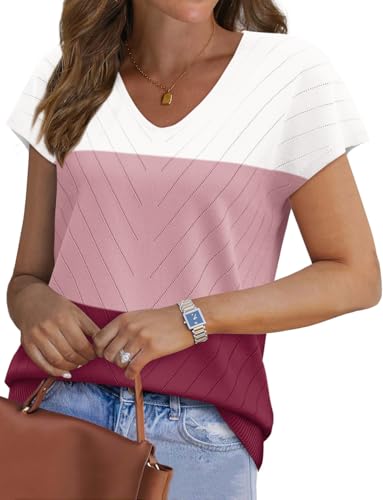 Image of WIHOLL Short Sleeve Sweater for Women V Neck Trendy Summer Tops 2026 Beach Vacation Clothes Travel Business Casual Outfits