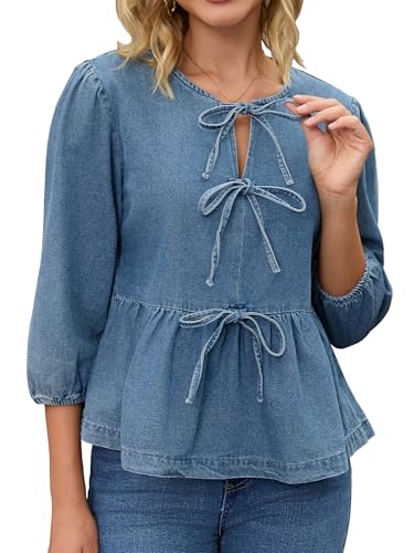 CIMUK Women Denim Tops Tie Front Puff Sleeve Ruffle Hem