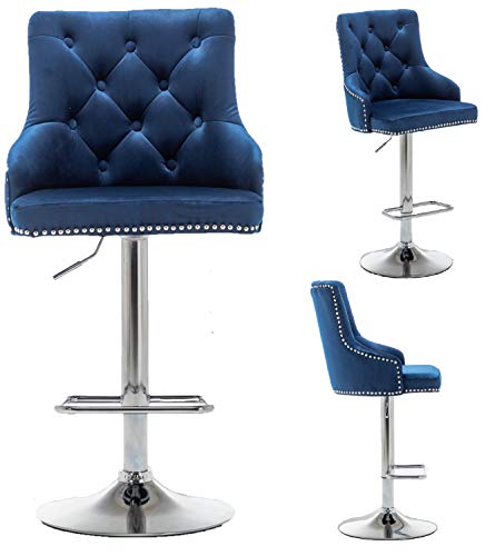 Btexpert Swivel 33.5" Set Of 2 Kitchen Upholstered Dining Barstool 25"-33" Adjustable High Back Stool Counter Bar Chairs, Velvet Chrome, Blue Tufted Trim (5153-2A) #TOP3