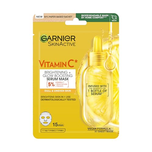 Garnier Vitamin C Brightening & Glow Boosting Serum Sheet Face Mask, Energisng, Hydrating and Illuminating Mask for Dull Skin, Cruelty Free & Vegan Tissue Mask, 28g​