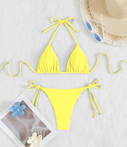 Image of Tainehs Women's Sexy Halter Thong Bikini Tie Two Sides Bottom Triangle Bikini Swimsuits