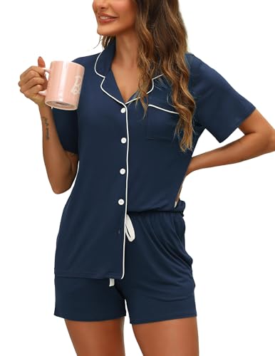 Image of ZMJ pijamas de mujer 2 Piece Sets for Women Summer Pajamas Lounge Short Sleeve Top and Shorts Pj Set Classic Blue, XL