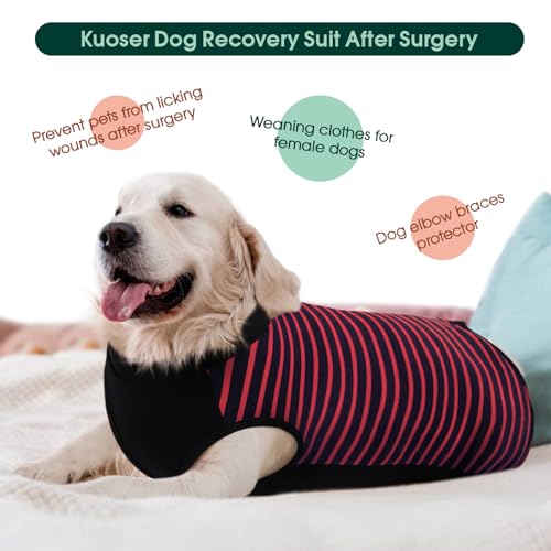 Image of Kuoser Dog Recovery Suit with Anti Licking Rear Leg Sleeve, Red XL | Abdominal Dog Surgical Suit with Pants Cover Protect Wounds, Dogs Elbow Protector Soft Pet Surgery Onesie Cone Alternative