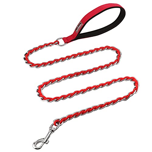 Chew Proof Metal Leash Chain Dog Leash for Medium Large Dogs, Chain Link Anti Chew 4FT Strong Anti Bite Comfortable Soft Padded Handle red