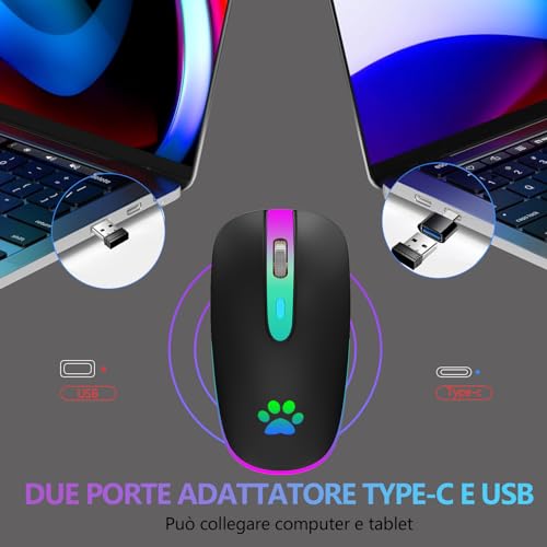 KBCASE Maus Kabellos 2,4 GHz-USB Funkmaus, Bluetooth Maus 1600 DPI Optical Tracking, Wiederaufladbare Gaming Wireless Mouse mit 7 Farben LED-Licht für PC, Laptop, Mac,iOS, Android, iPad, Windows