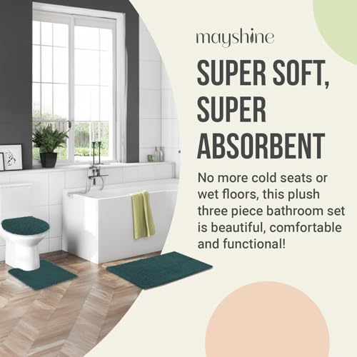 Image of Standard 3pc Set Chenille Bath Mats, Includes 21 inchx24 inch U-Shaped Contour Toilet Rug, 21 inchx34 inch Inches Bathmat and 1 Toilet Lid Cover, Plush Absorbent Bath Mats Quick Dry, Teal