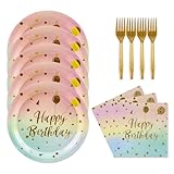 KFJBPB 48PCS Happy Birthday Plates and Napkins Party Supplies, Colorful and Gold Disposable Paper Plates and Napkins with Forks Tableware Set for Birthday Party Decorations 16 Guests (Colorful)