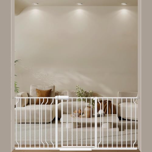 Image of ALLAIBB Extra Wide Pressure Mounted Baby Gate Walk Through Child Kids Safety Toddler Tension White Long Large Pet Dog Gates with Extension for doorways Kitchen (62.20-71.26 inch /158-181cm, White)