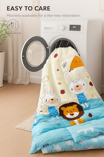 Image of 200 GSM 400 TC Kids Glace Cotton Reversible Cartoon Printed Double Bed King Size Comforter with Matching Bedsheet 90 * 100 with 2 Pillow Covers Set of 4 Pieces (Lion)