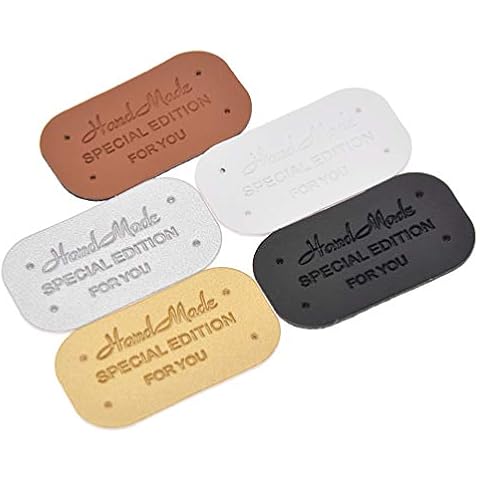 KORENJUL Handmade Labels Personalized Synthetic PU Leather Sewing Tags with Holes Button DIY Accessory, 30pcs Mixed Color 3.8x2.1cm Cover