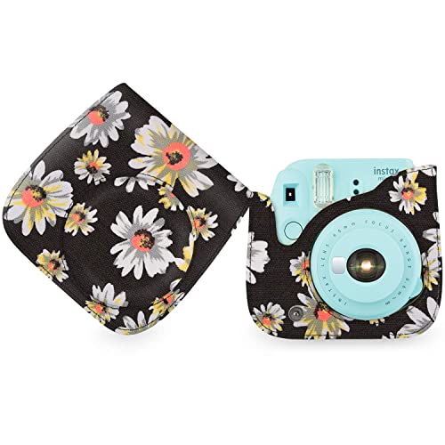 Elvam Camera Case Bag Purse Compatible With Fujifilm Mini 11 Mini 9 Mini 8 / 8+ Instant Camera With Detachable Adjustable Strap - Black Flower #TOP2