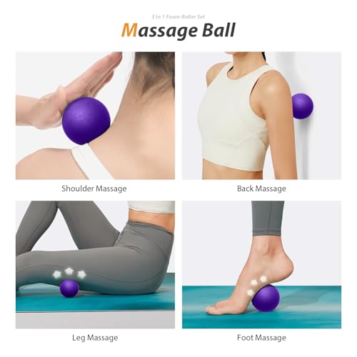 5 in 1 Foam Roller Set for Deep Tissue Muscle Massage, High Density Trigger Point Fitness Patented Exercise Foam Roller, Massage Roller, Massage Ball, Resistance Band, for Whole Body(Purple) - Image 6