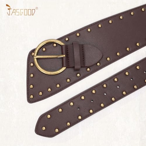 JASGOOD Women's Wide Waist Belt for Dresses Fashionable Rivet-Studded Thick Leather Belt with Gold Pin Buckle2